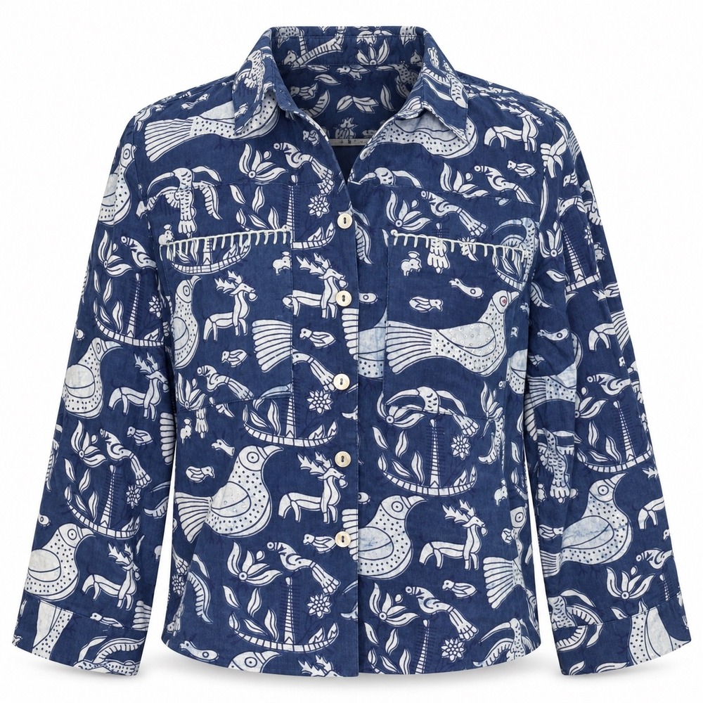Azorte Shirt XS Indigo Animal Print Folk Art Boxy Cropped Boho Sequin Button Up